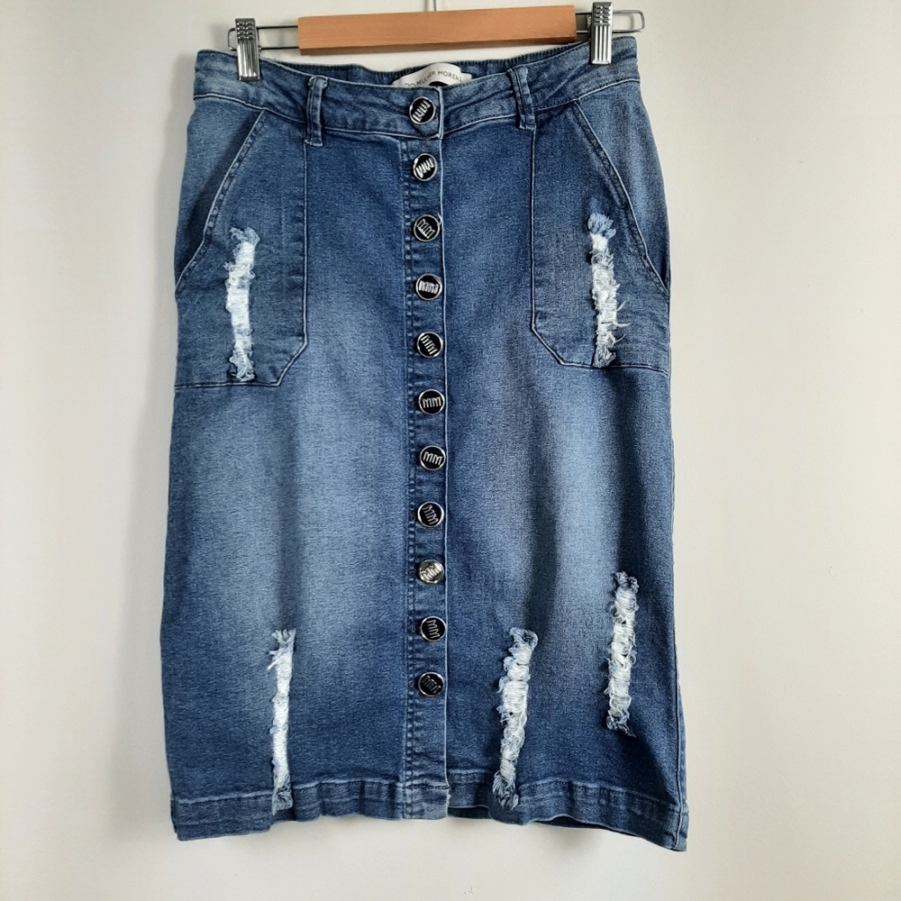Mulher Morena Blue Denim Distressed Midi Skirt Size Large